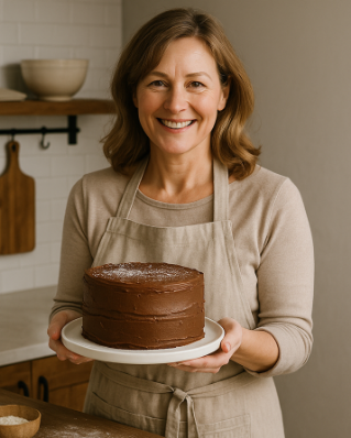 Bakery chef Marianne Sims holding a chocolate cake.
